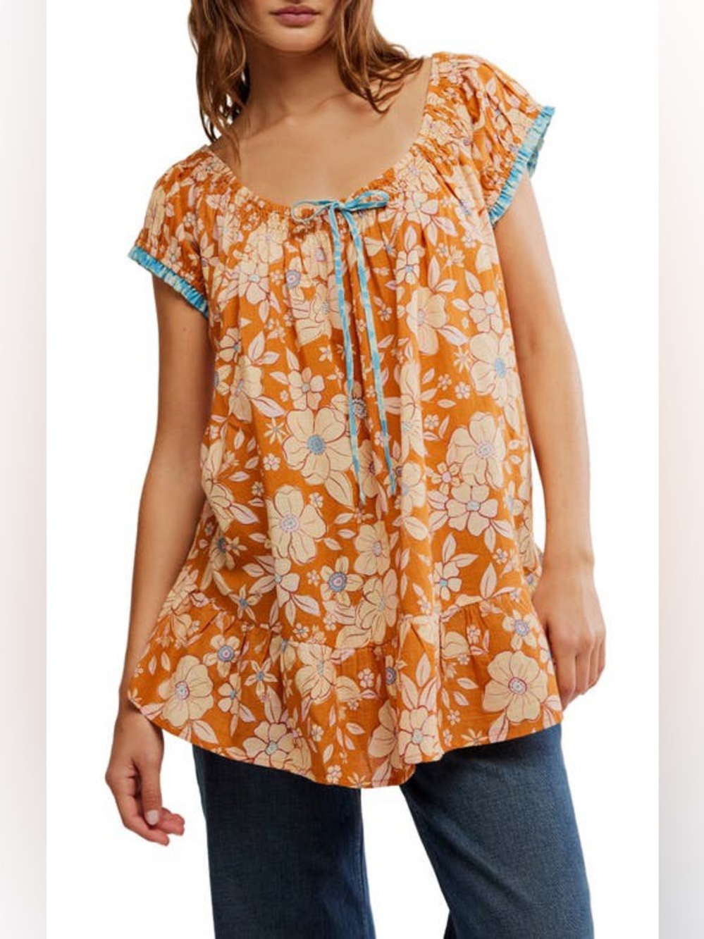 FREE PEOPLE Frankie Floral Printed Tunic-Honey Ginger Combo Boho Top-Size XS NWT